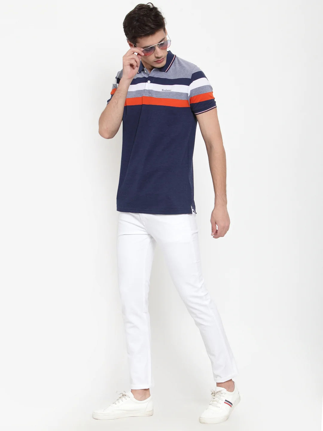 Men Navy Blue Striped Polo Collar T-shirt