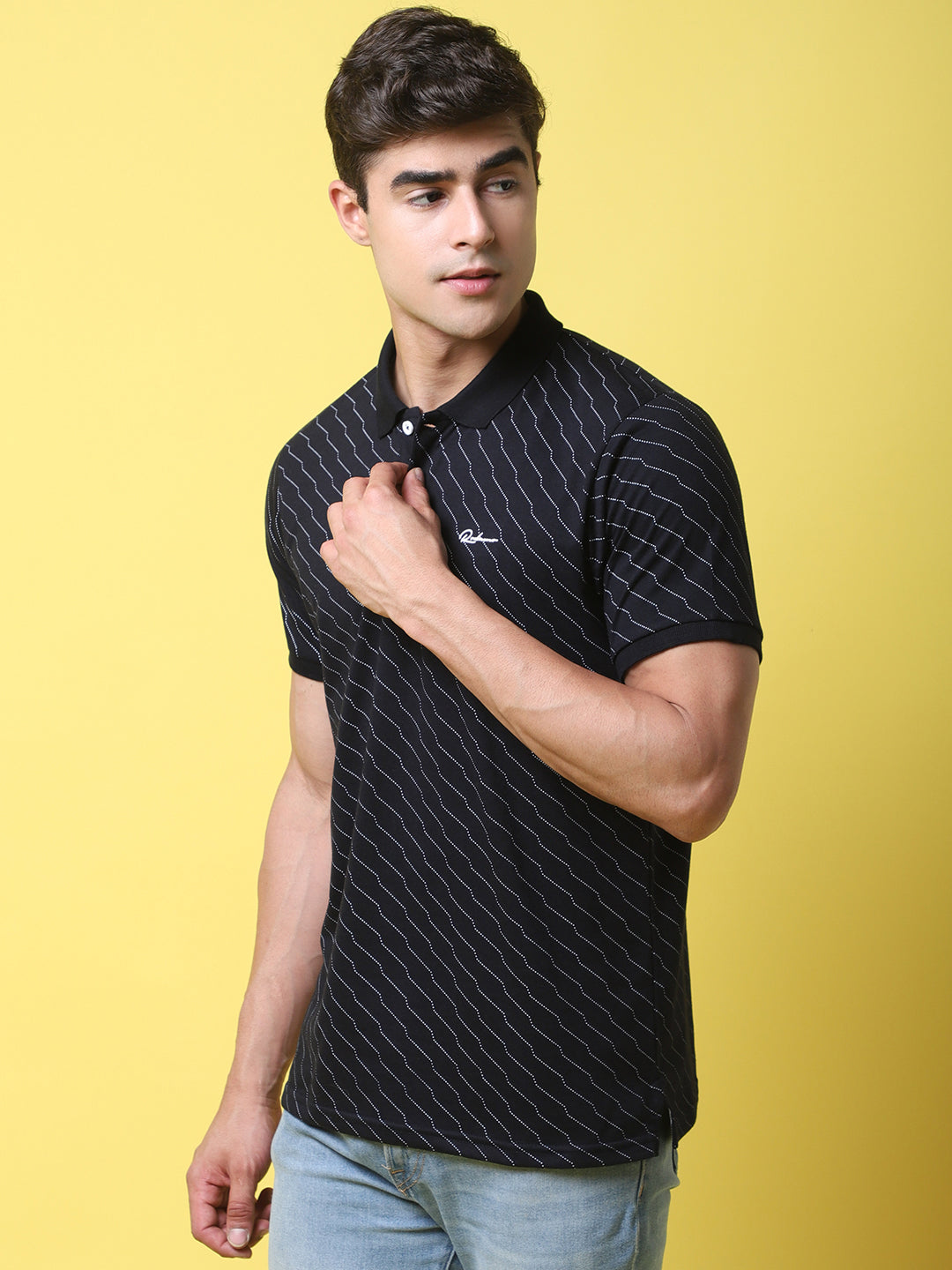 Geometric Printed Polo Collar Cotton Slim Fit T-shirt