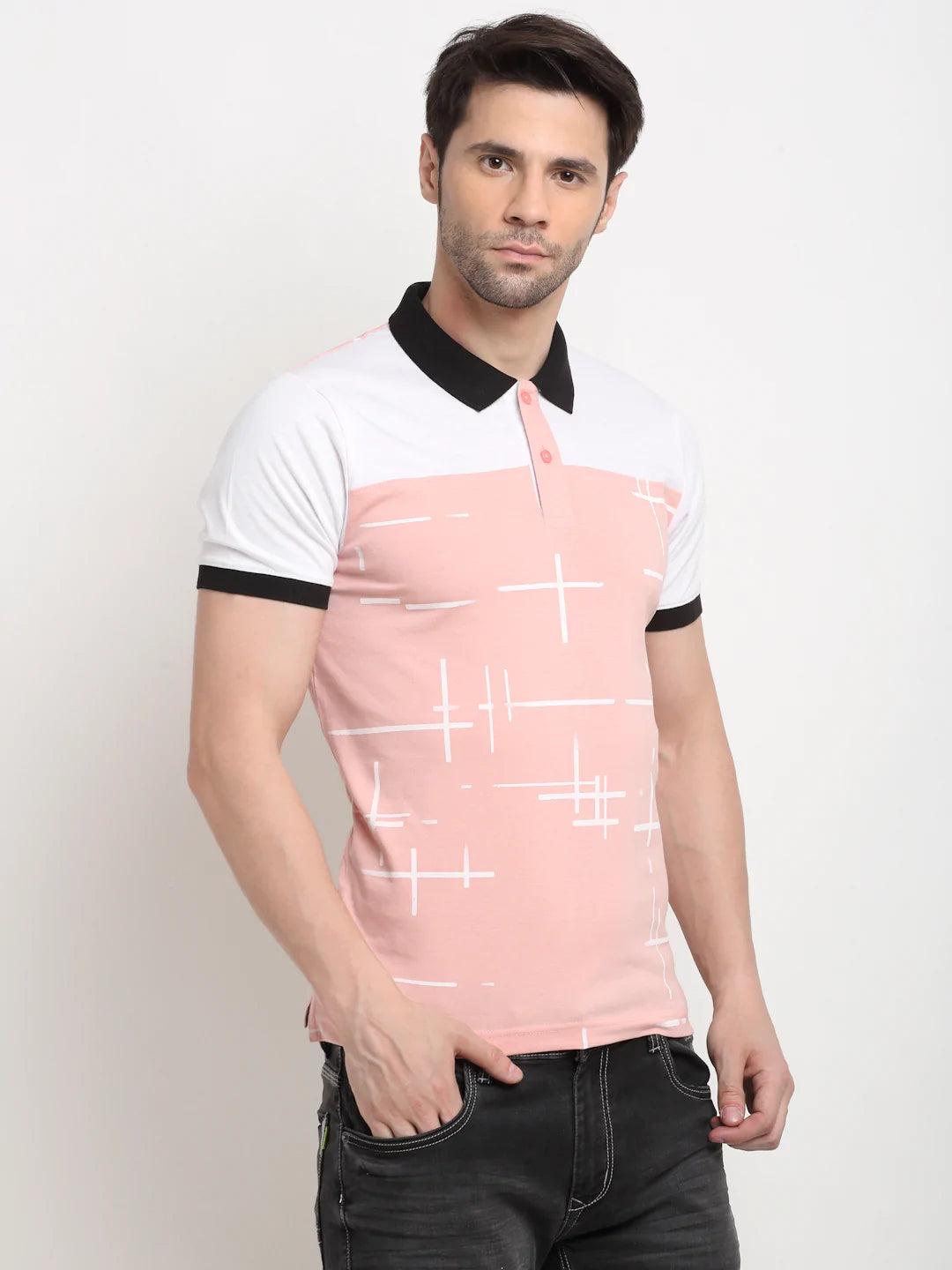 Men Pink Striped Polo Collar Slim Fit T-shirt