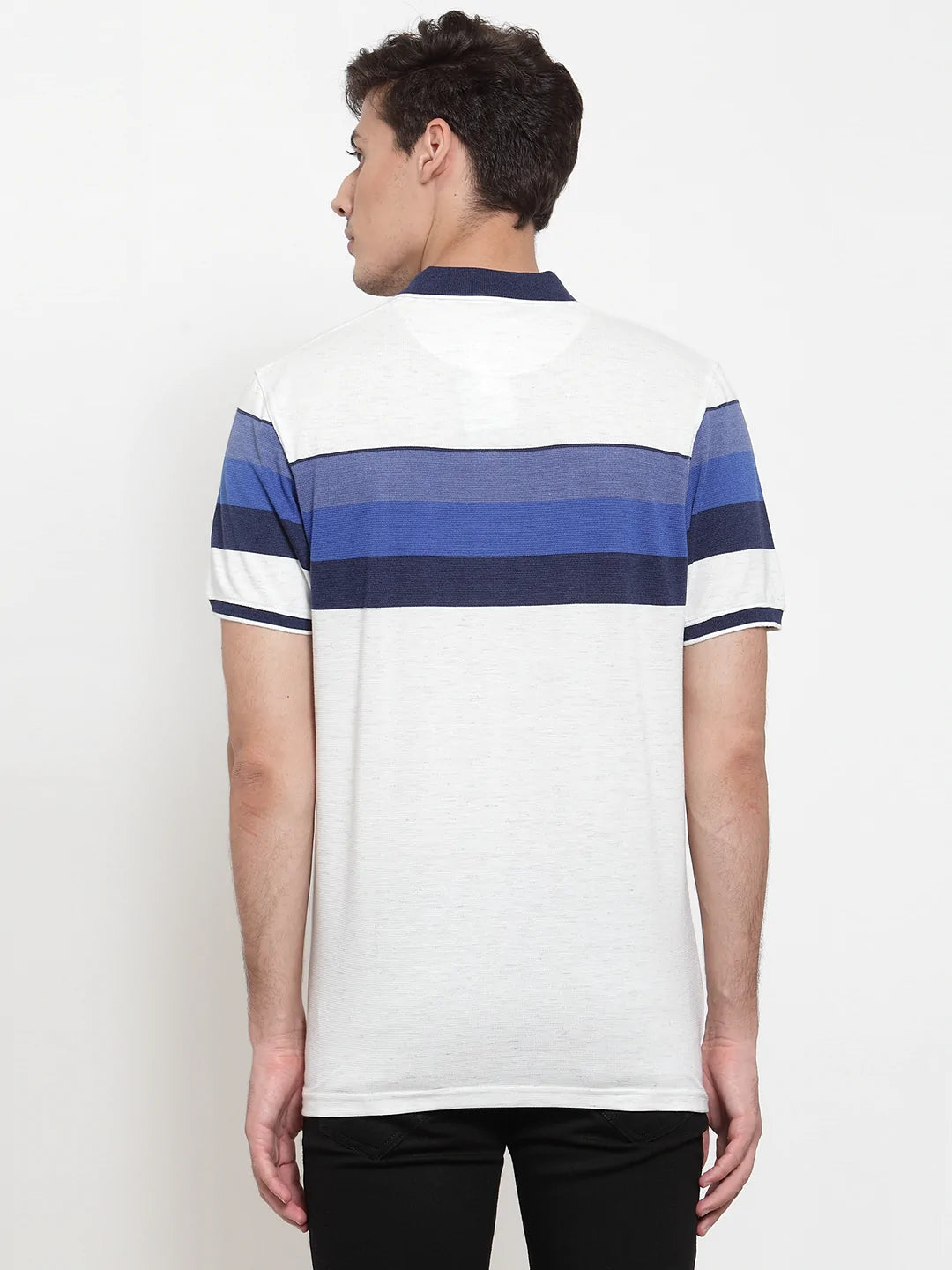 Men White  Blue Striped Polo Collar T-shirt