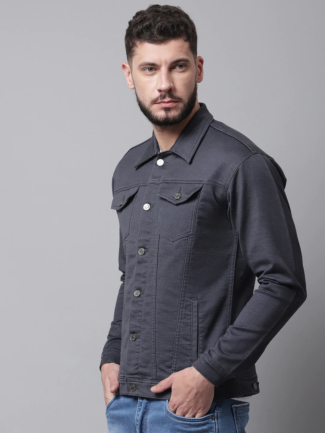 Men Grey Denim Cotton Jacket with Patchwork