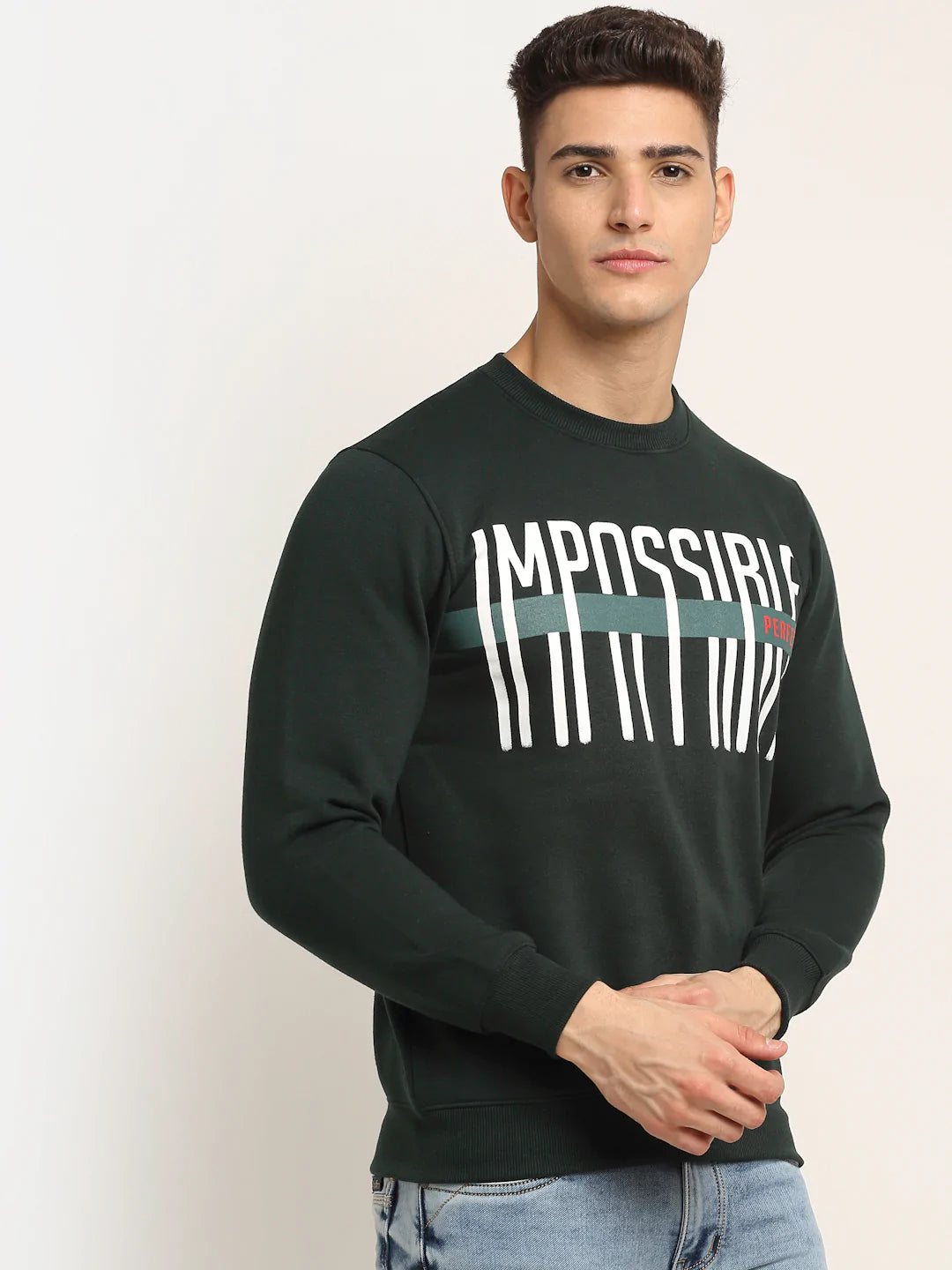 Men Green Printed Fleece Sweatshirt