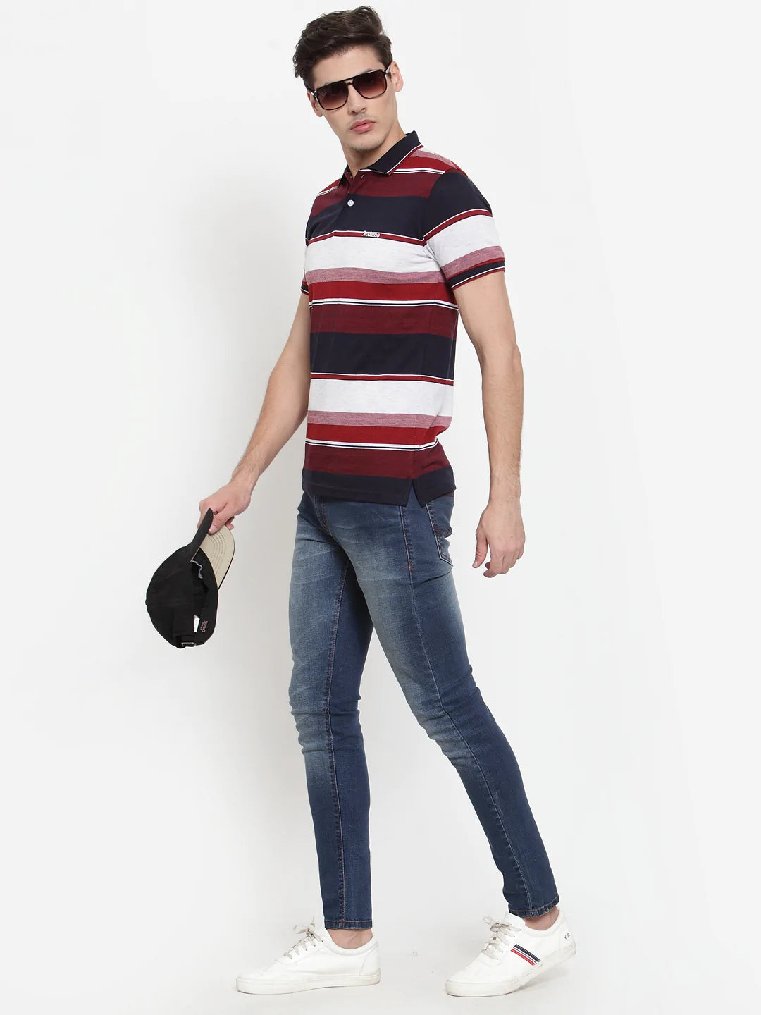 Men Maroon  Navy Blue Striped Polo Collar T-shirt