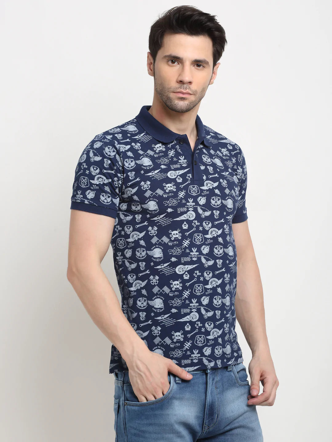 Men Navy Blue  White Printed Polo Collar Slim Fit T-shirt