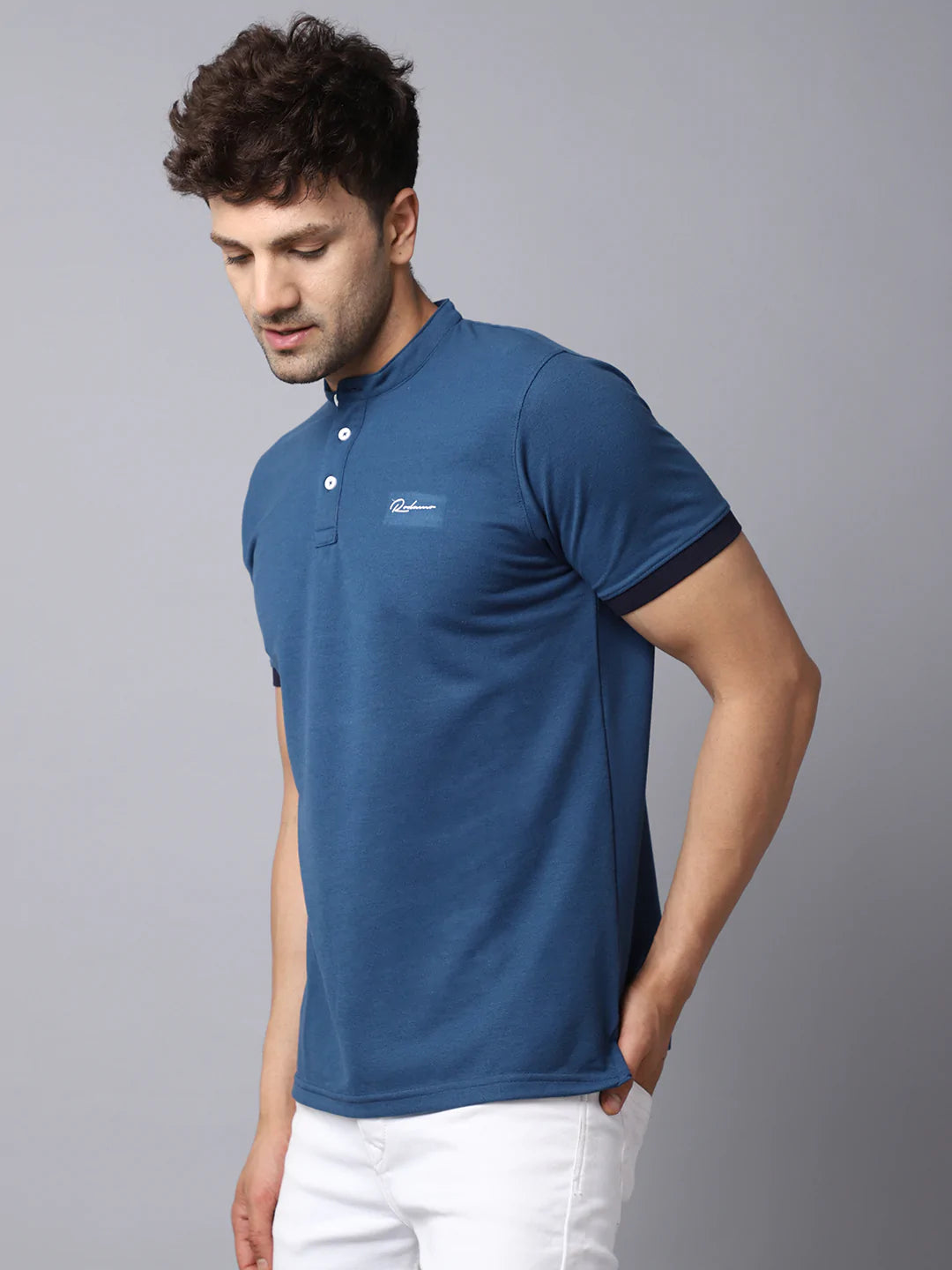 Men Blue Mandarin Collar Cotton Slim Fit T-shirt