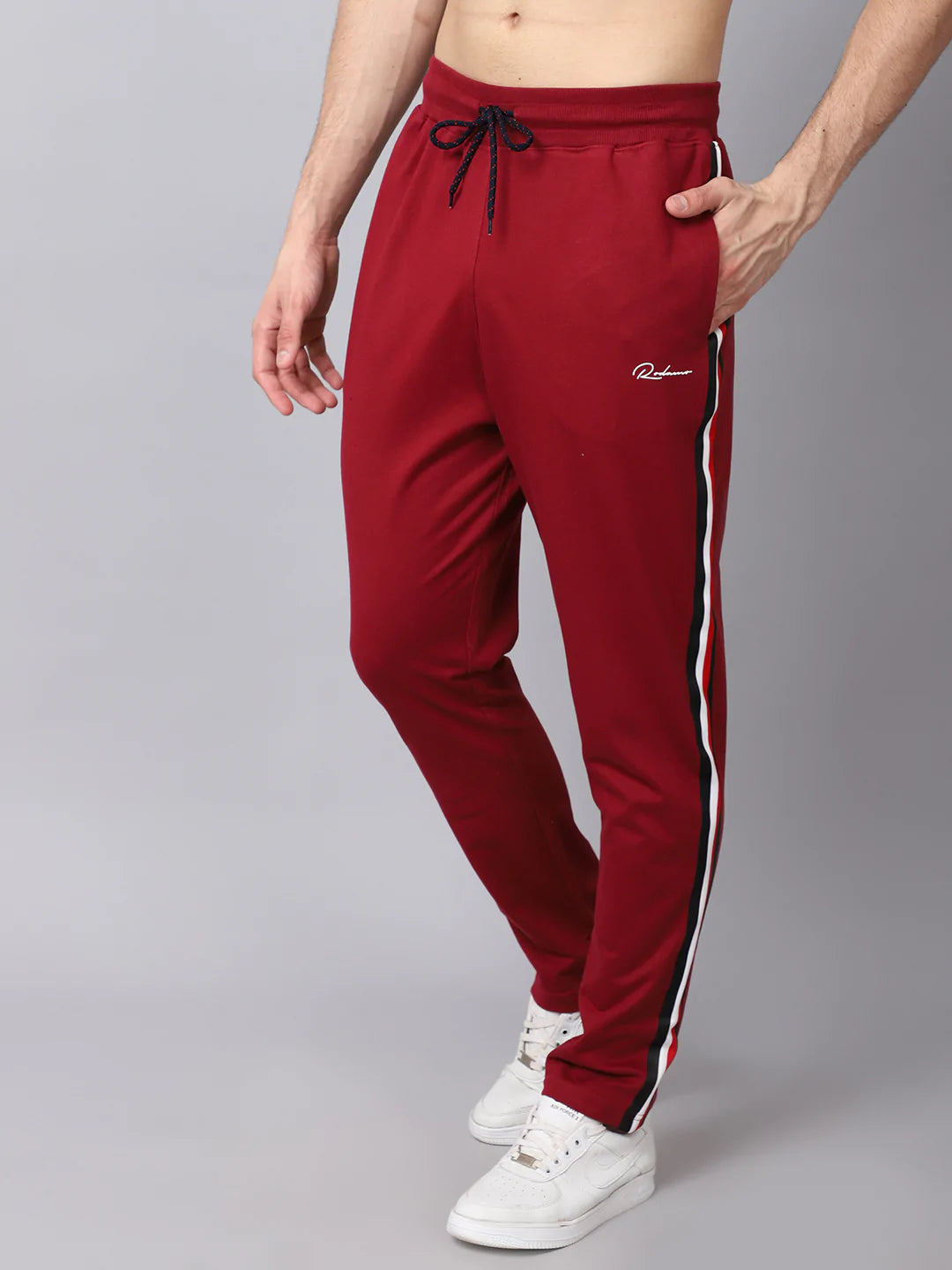 Men Maroon Striped Slim-Fit Cotton Trackpants