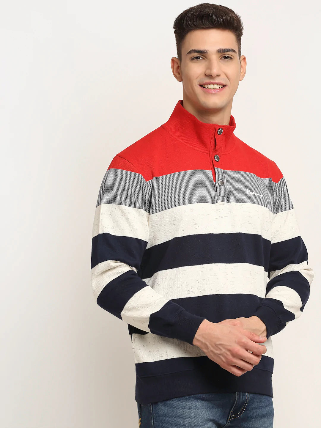 Men Multicoloured Striped Fleece Sweatshirt