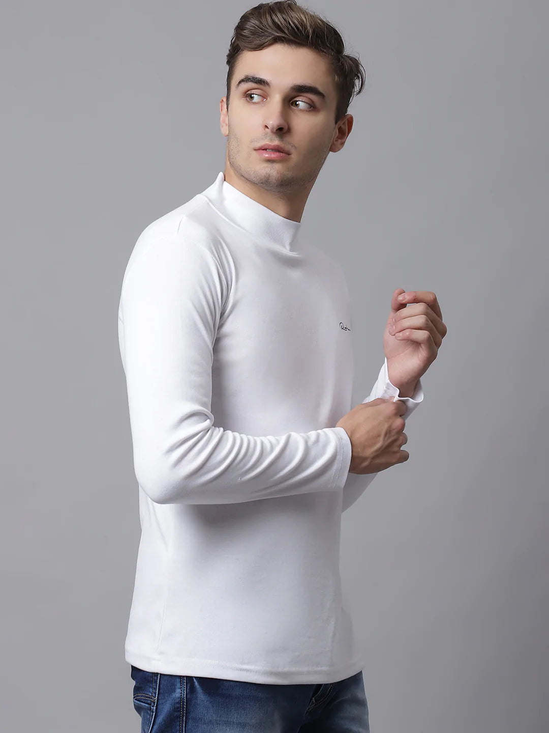 Men White High Neck Slim Fit Cotton T-shirt