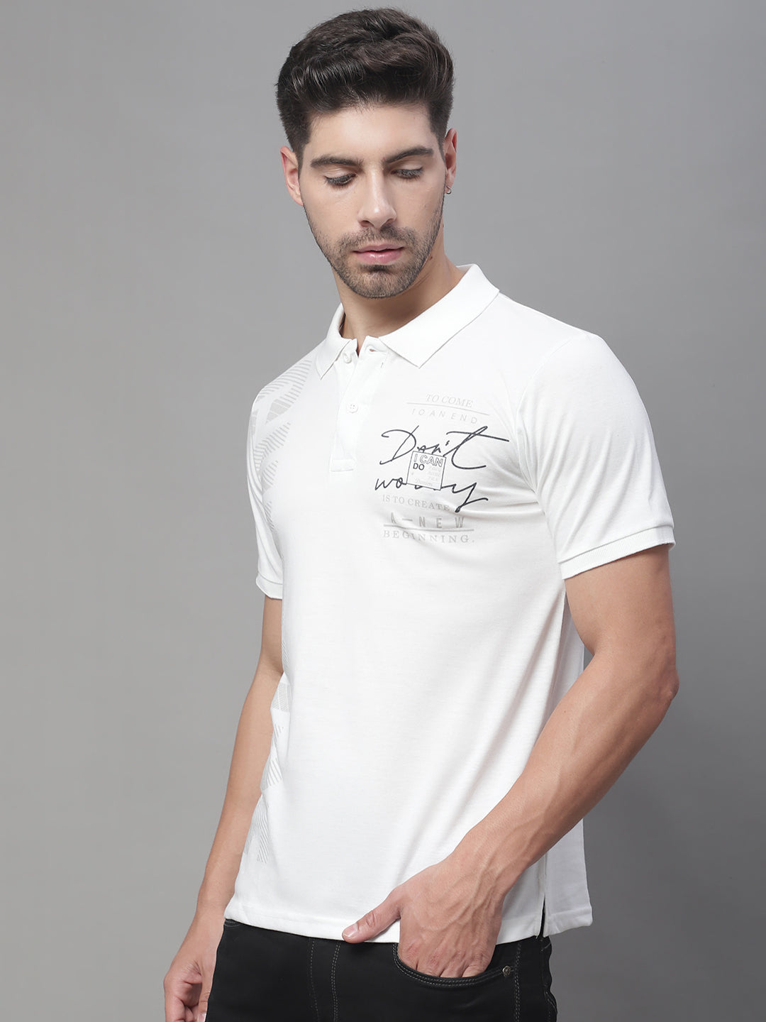 Typography Printed Polo Collar Slim Fit Cotton T-shirt