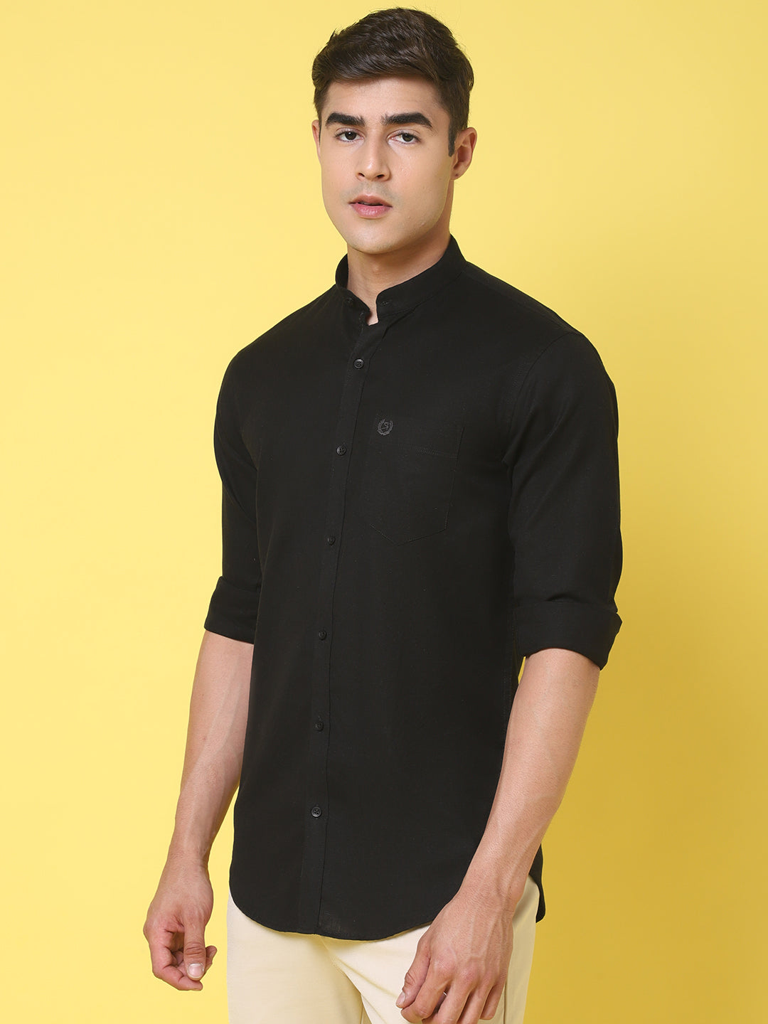 Band Collar Slim Fit Linen Shirt