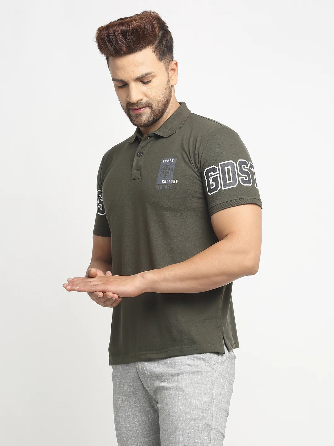 Men Olive Printed Polo T-Shirts