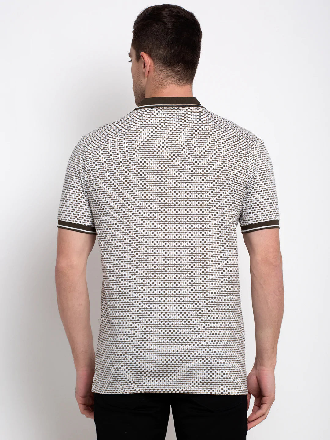 Men White  Olive Green Printed Polo Collar T-shirt
