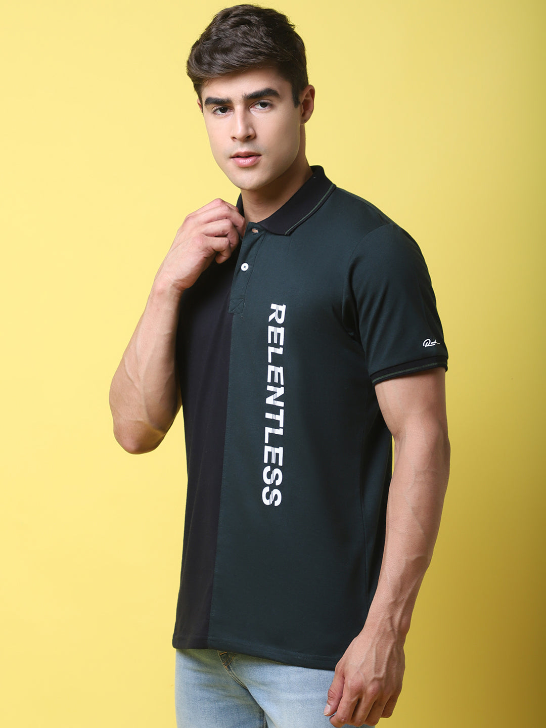 Colourblocked Polo Collar Cotton Slim Fit T-shirt