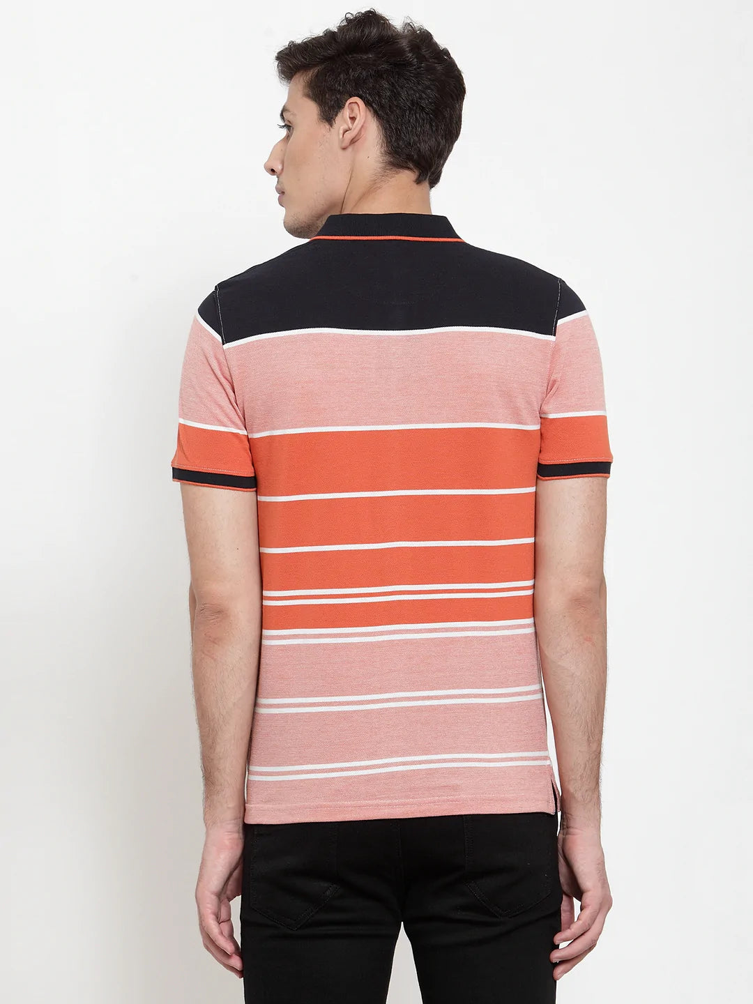 Men Orange  Black Striped Polo Collar T-shirt