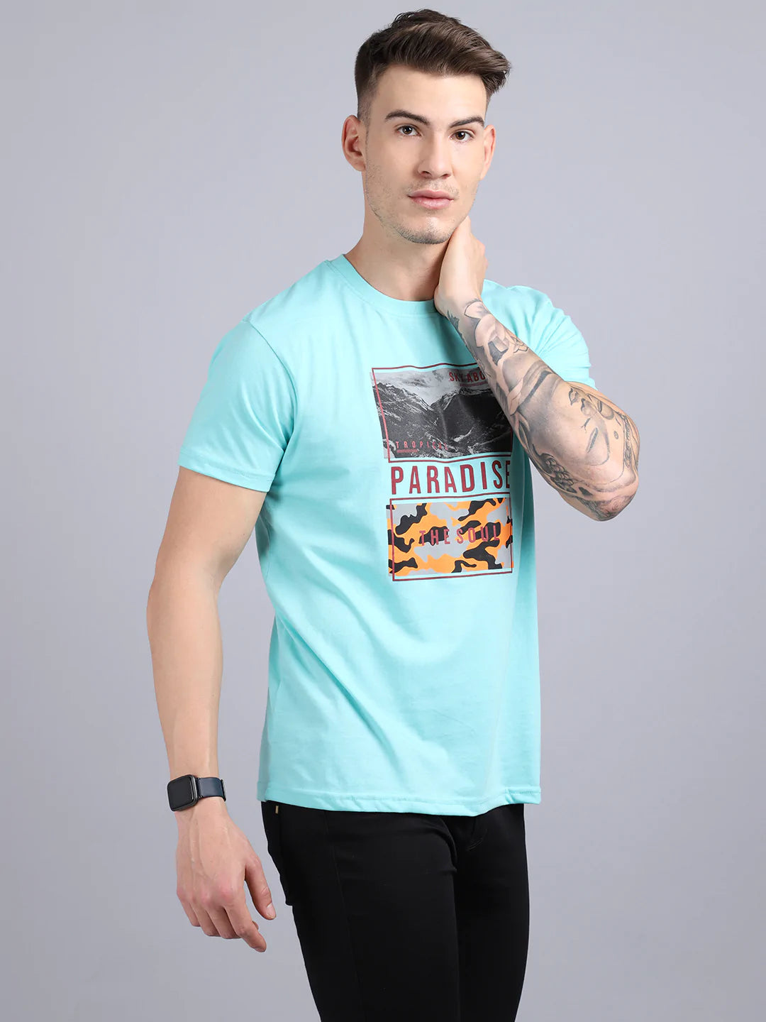 Men Green Typography Printed Slim Fit Cotton T-shirt