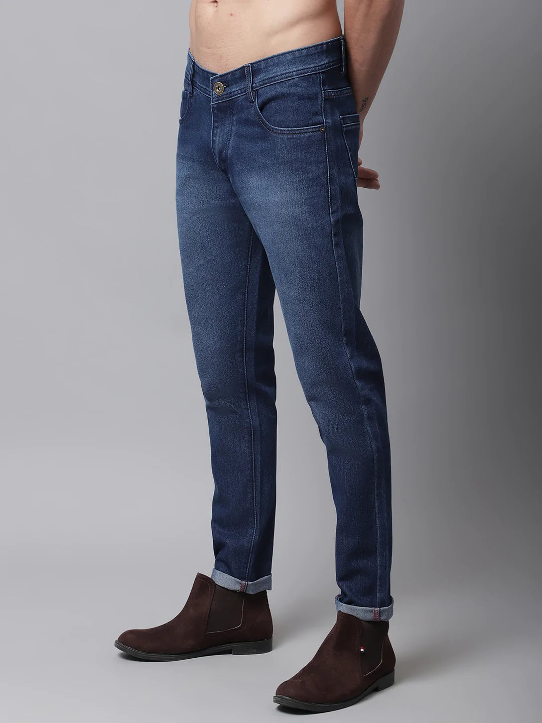 Men Blue Cotton Slim Fit Low Distress Light Fade Stretchable Jeans