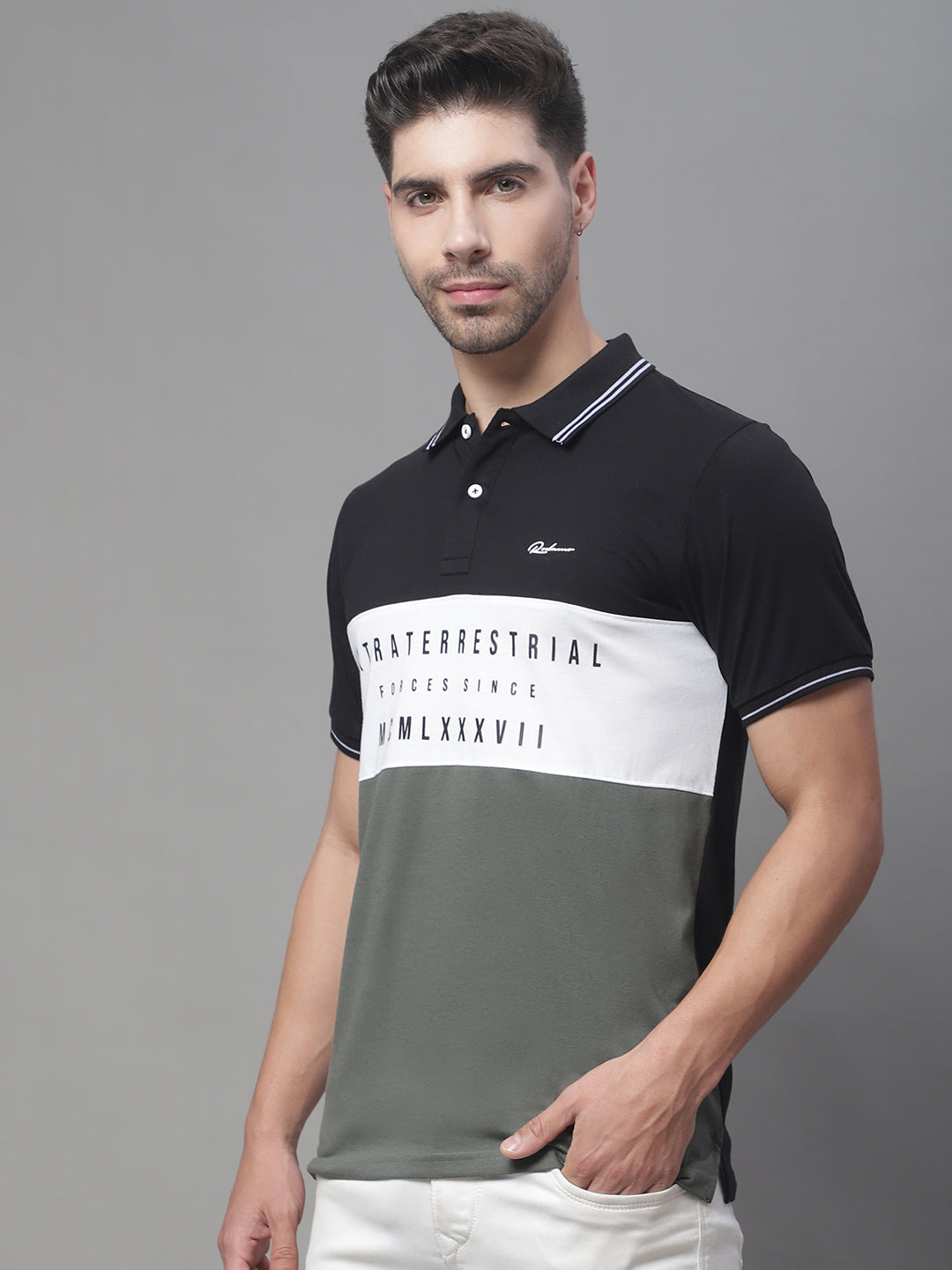 Colourblocked Polo Collar Cotton Slim Fit T-shirt