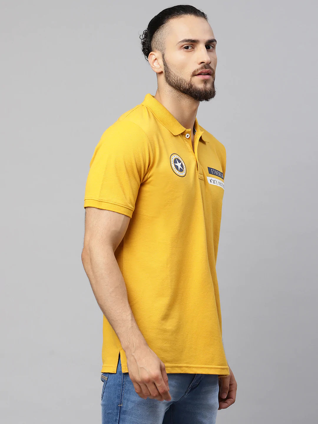 Men Mustard Yellow Typography Polo Collar Applique T-shirt