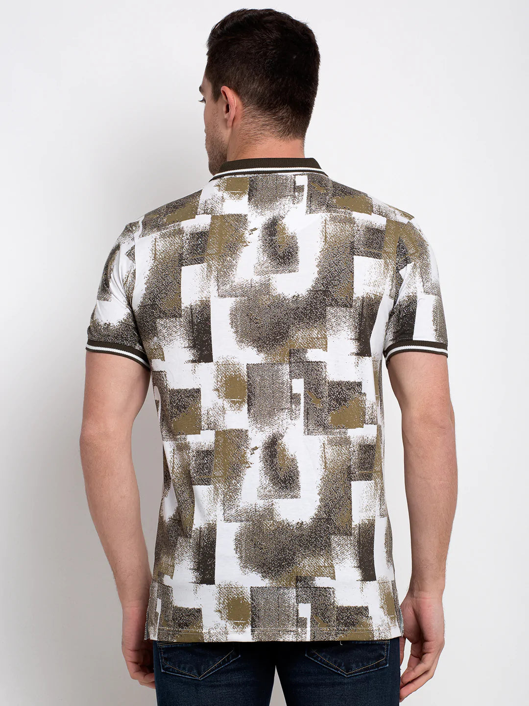 Men White  Olive Green Printed Polo Collar T-shirt