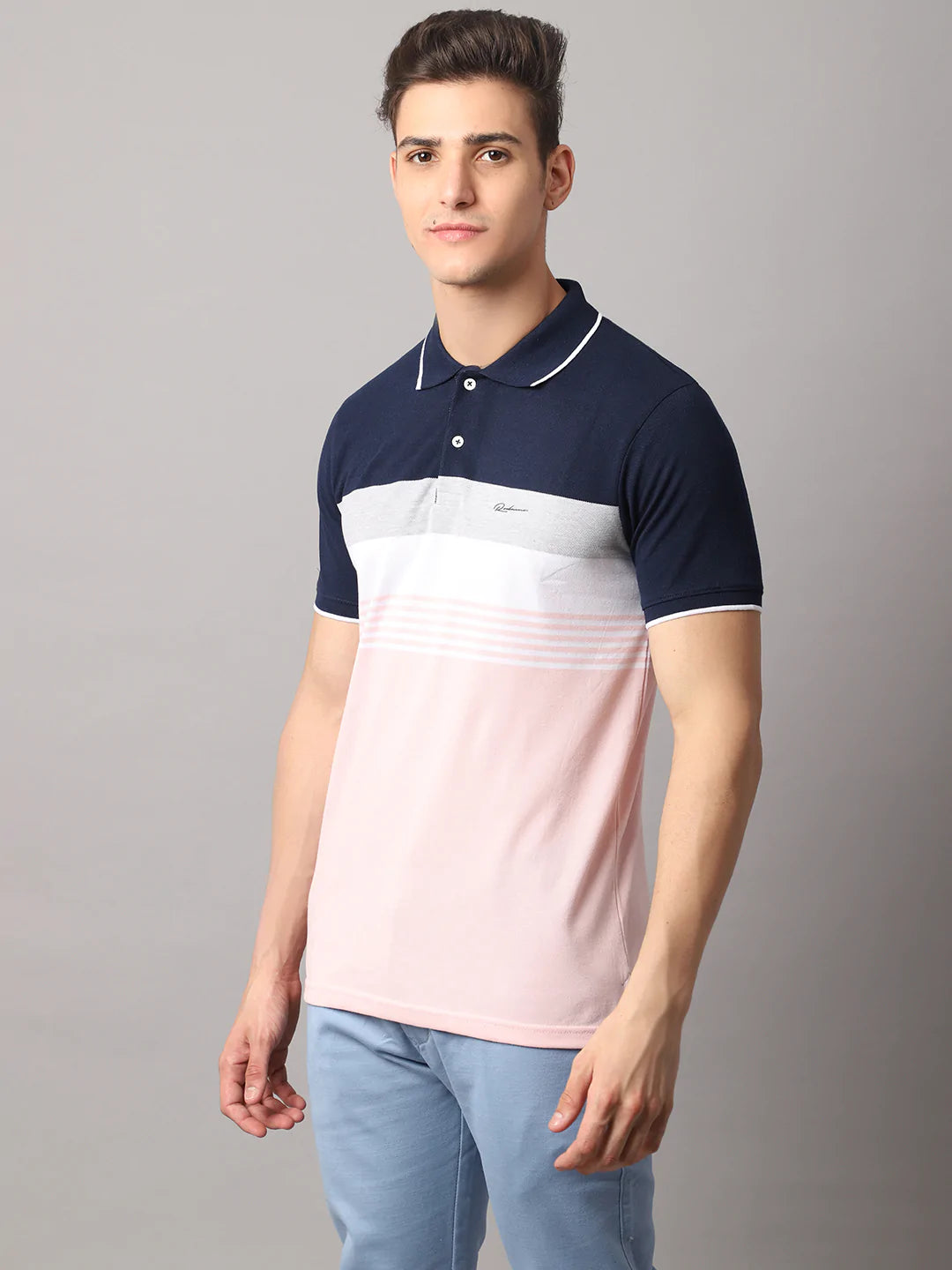 Men Multicoloured Colourblocked Polo Collar Slim Fit T-shirt