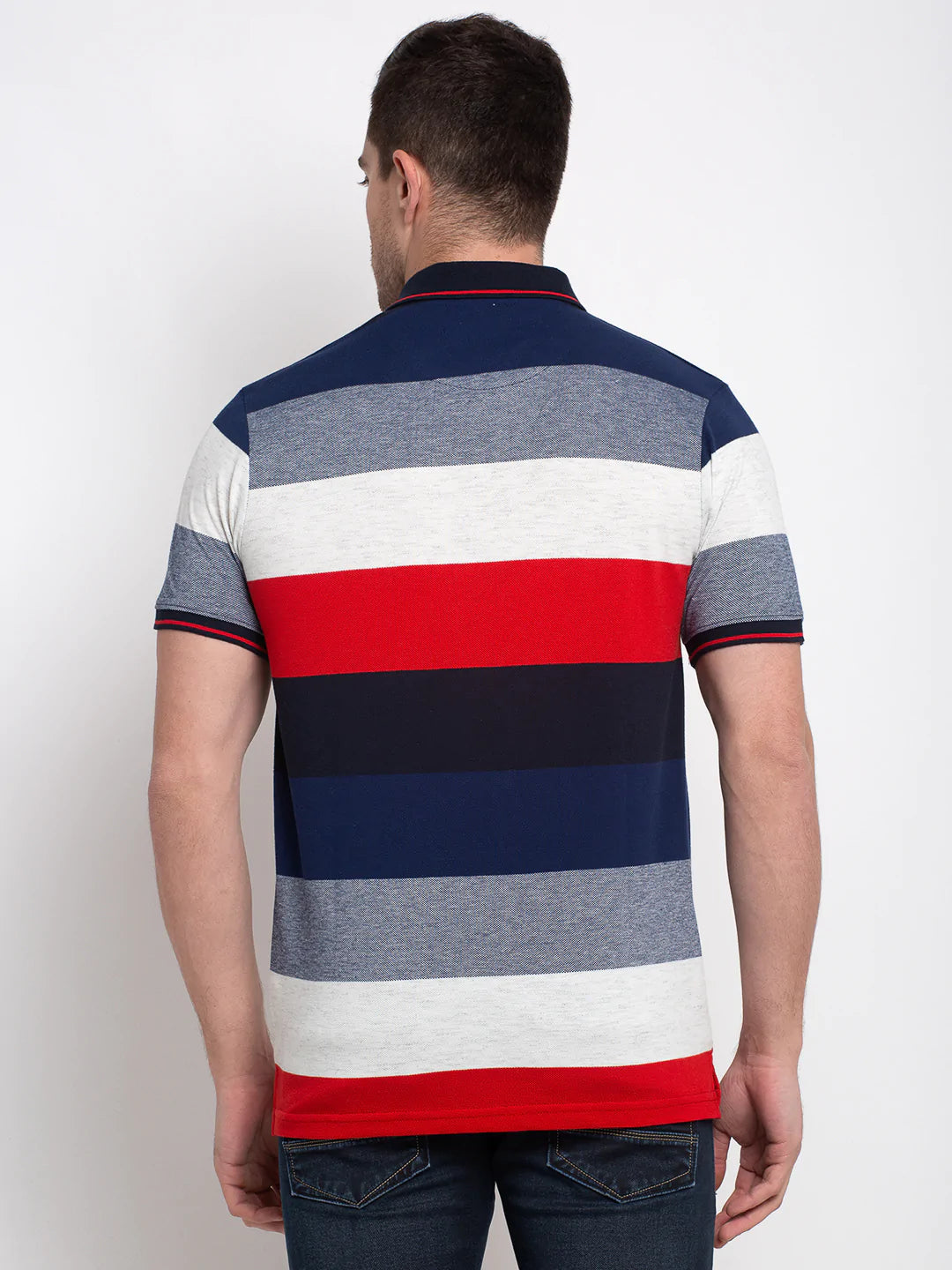 Men Multicoloured Striped Polo Collar T-shirt