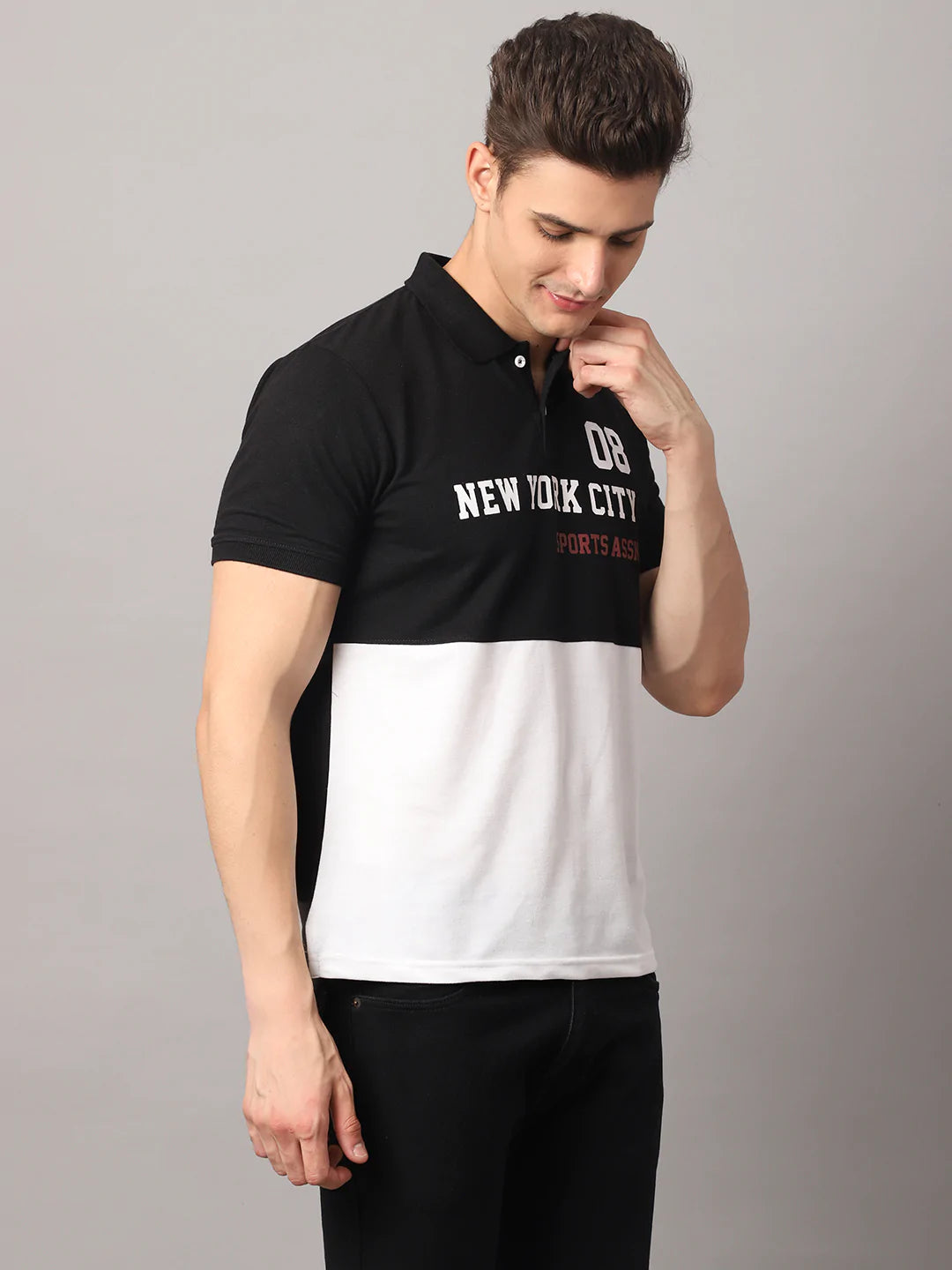 Men Black Typography Polo Collar Slim Fit T-shirt