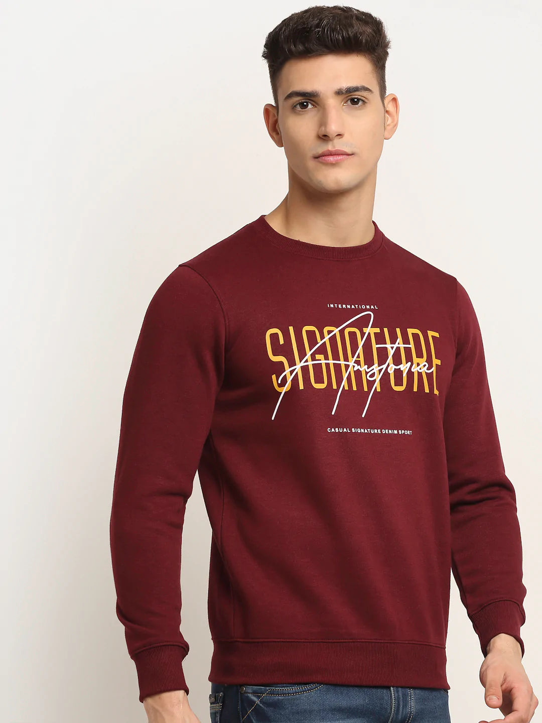Men Maroon Printed Fleece Sweatshirt