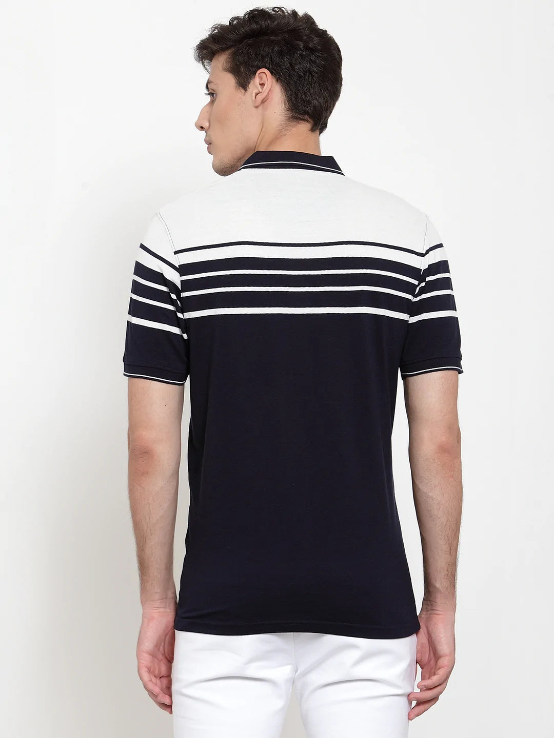 Men Navy Blue Striped Polo Collar T-shirt