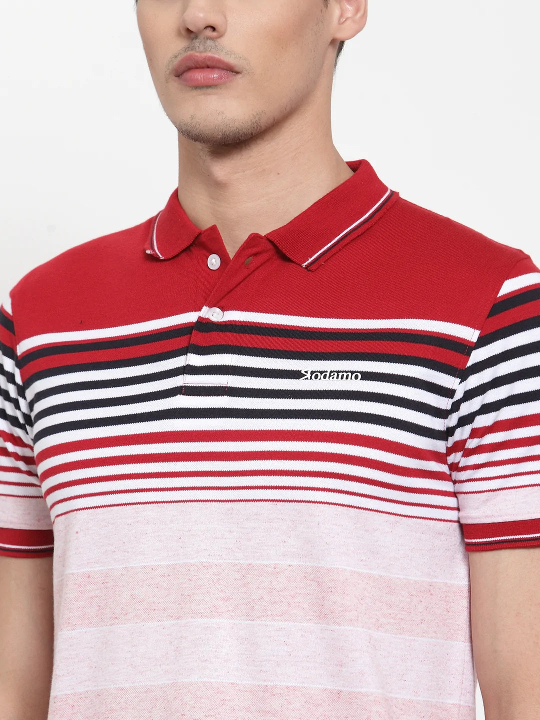 Men Red  Pink Striped Polo Collar T-shirt