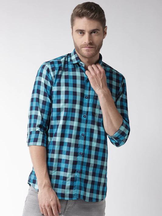 Men Blue Slim Fit Checked Casual Shirt
