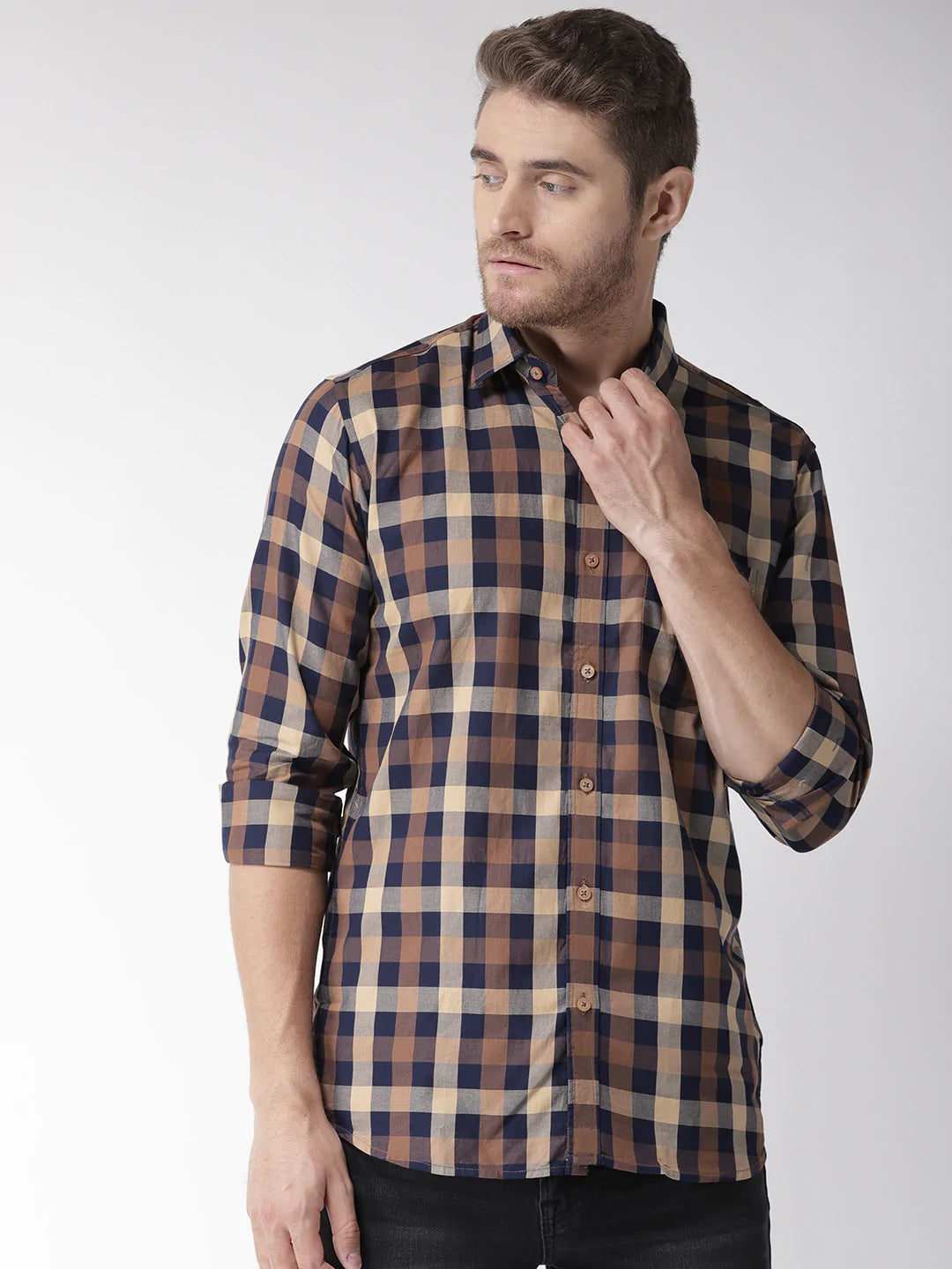 Men Brown Navy Blue Slim Fit Checked Casual Shirt