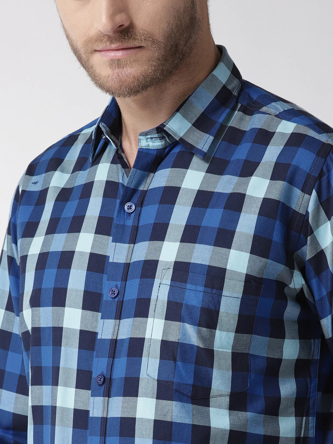 Men Blue Slim Fit Checked Casual Shirt