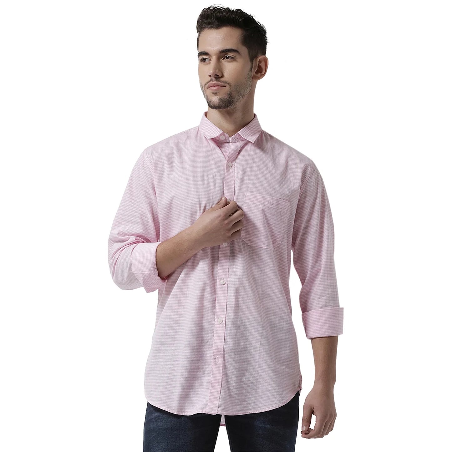 Men Pink White Slim Fit Checked Casual Shirt