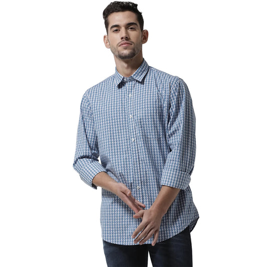 Men Blue  White Slim Fit Checked Casual Shirt