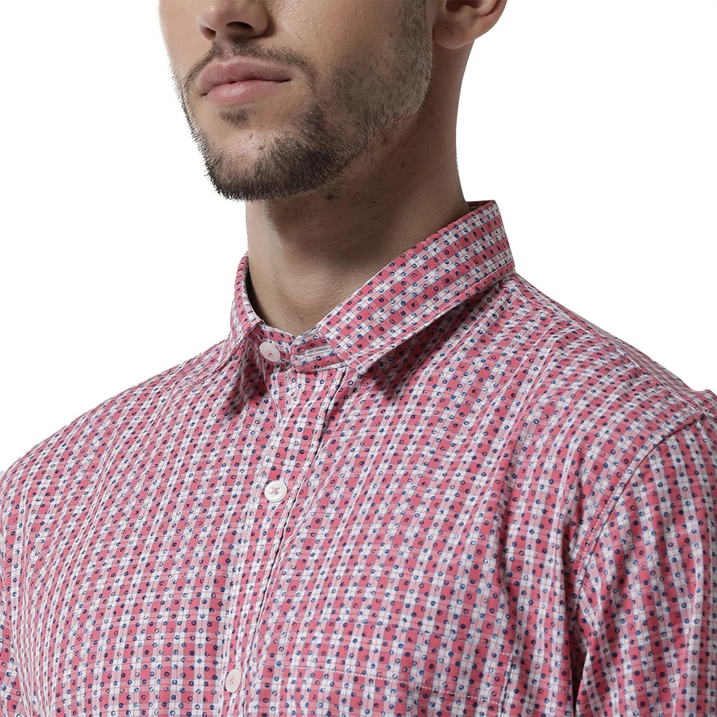 Men Pink White Slim Fit Checked Casual Shirt