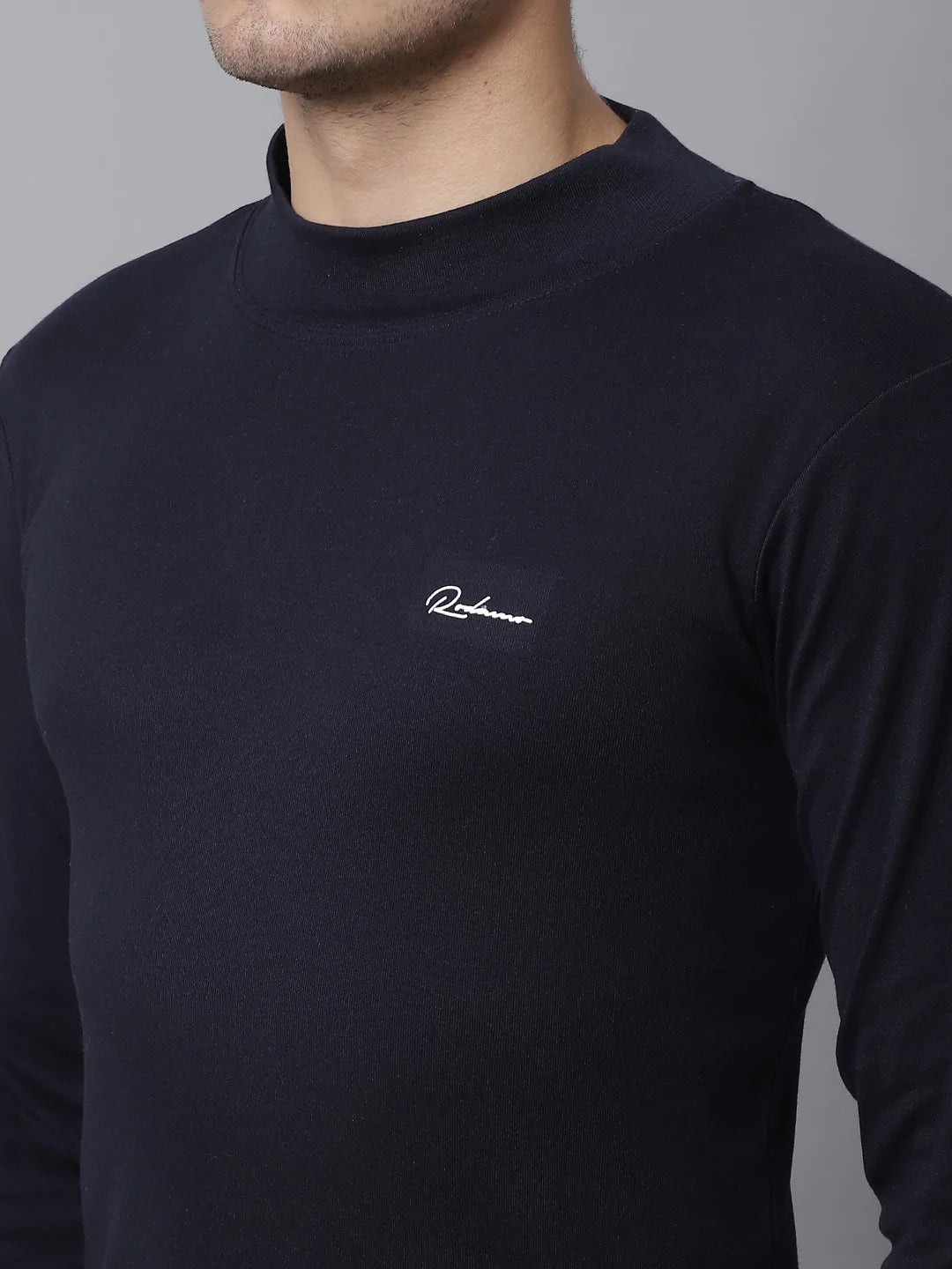 Men Navy Blue High Neck Slim Fit T-shirt
