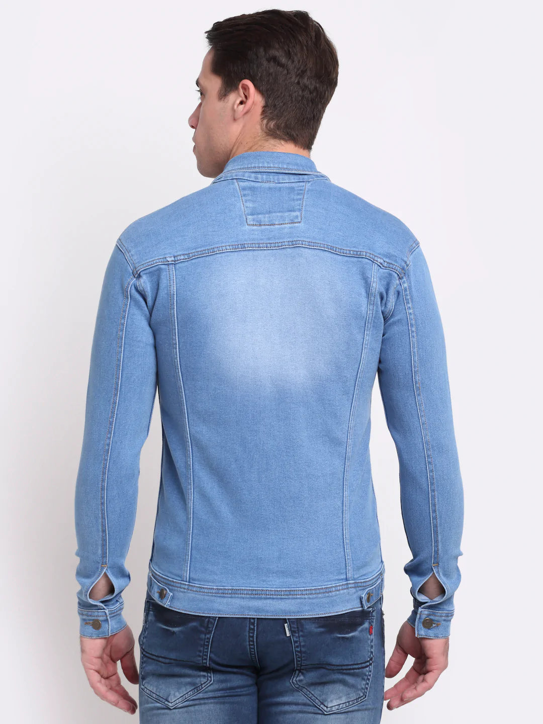 Men Blue Washed Denim Jacket with Patchwork