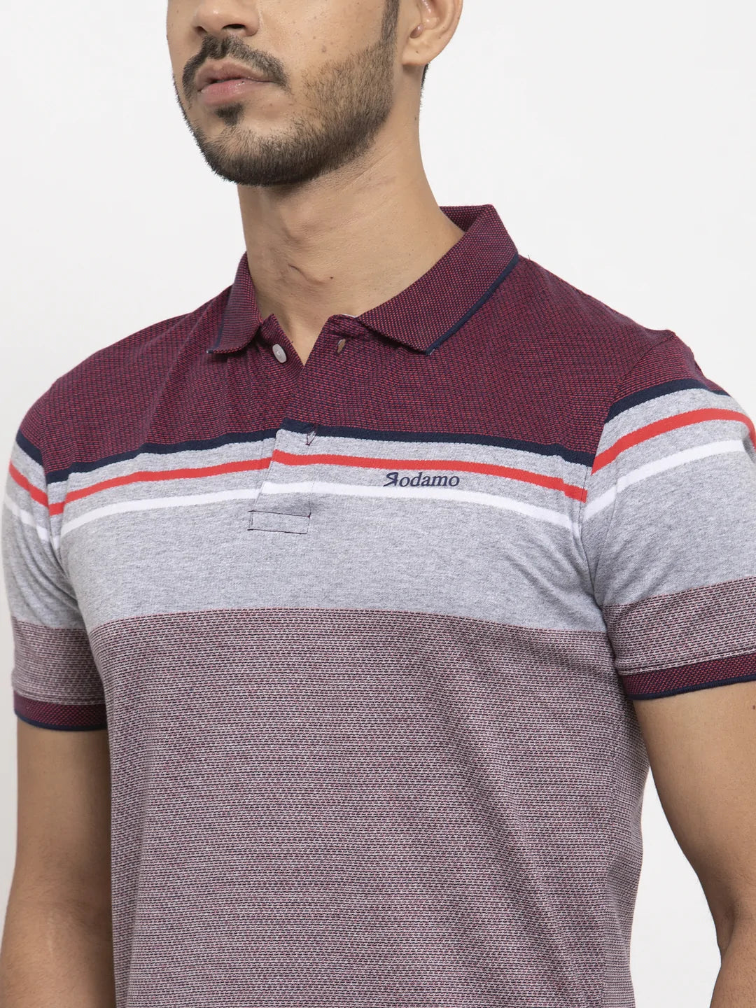 Men Maroon  Grey Slim Fit Striped Polo Collar T-shirt
