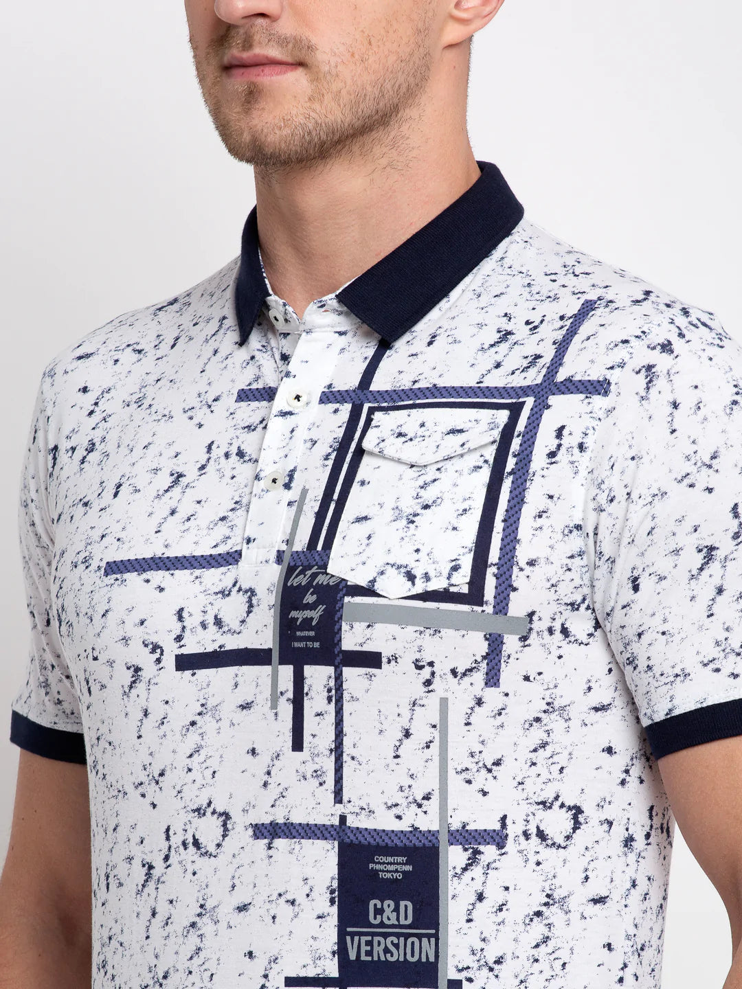 Men White Printed Polo Collar T-shirt