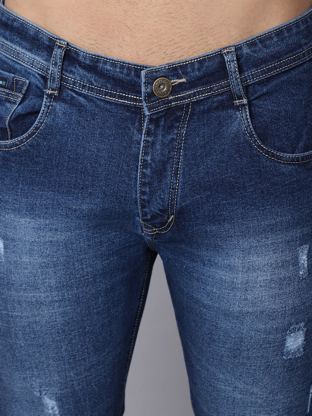 Men Blue Slim Fit Low Distress Heavy Fade Stretchable Jeans