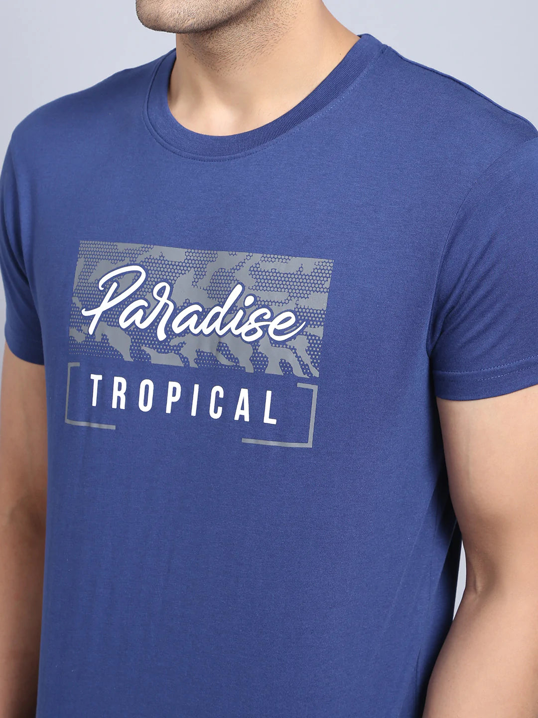 Men Blue White Typography Printed Slim Fit Cotton T-shirt