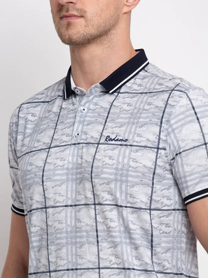 Men Grey Checked Polo Collar T-shirt