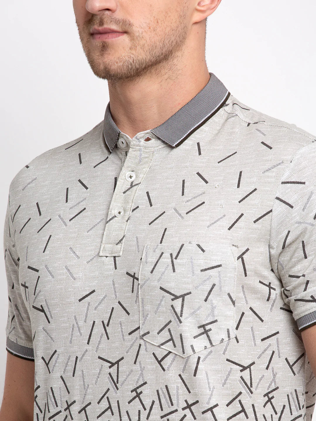 Men Grey Printed Polo Collar T-shirt