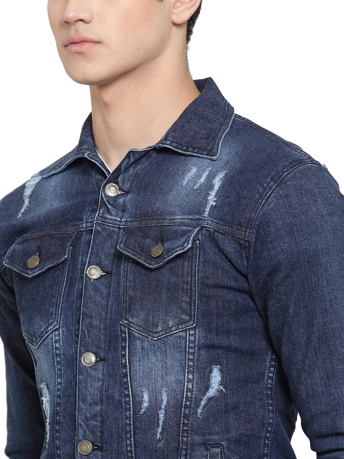 Men Navy Blue Solid Denim Jacket