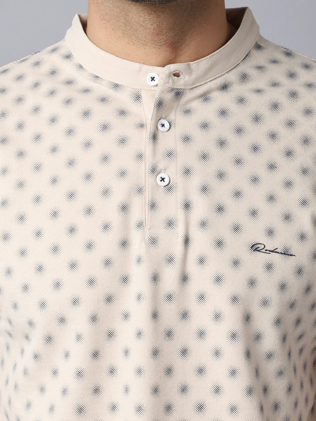 Men Beige Printed Mandarin Collar Slim Fit T-shirt