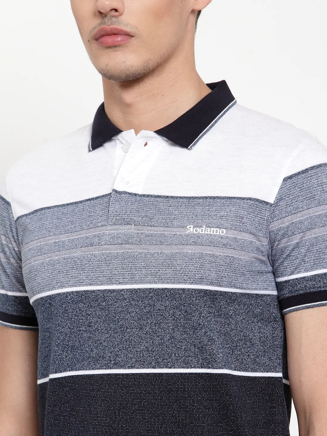 Men Grey  Navy Striped Polo Collar T-shirt
