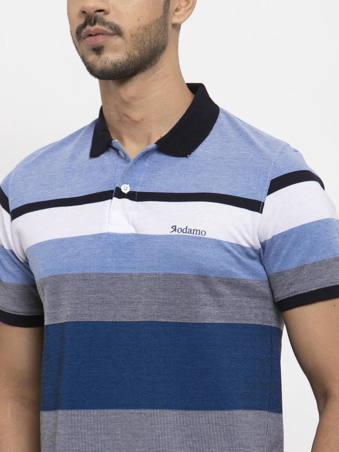 Men Grey  Blue Striped Polo Collar T-shirt