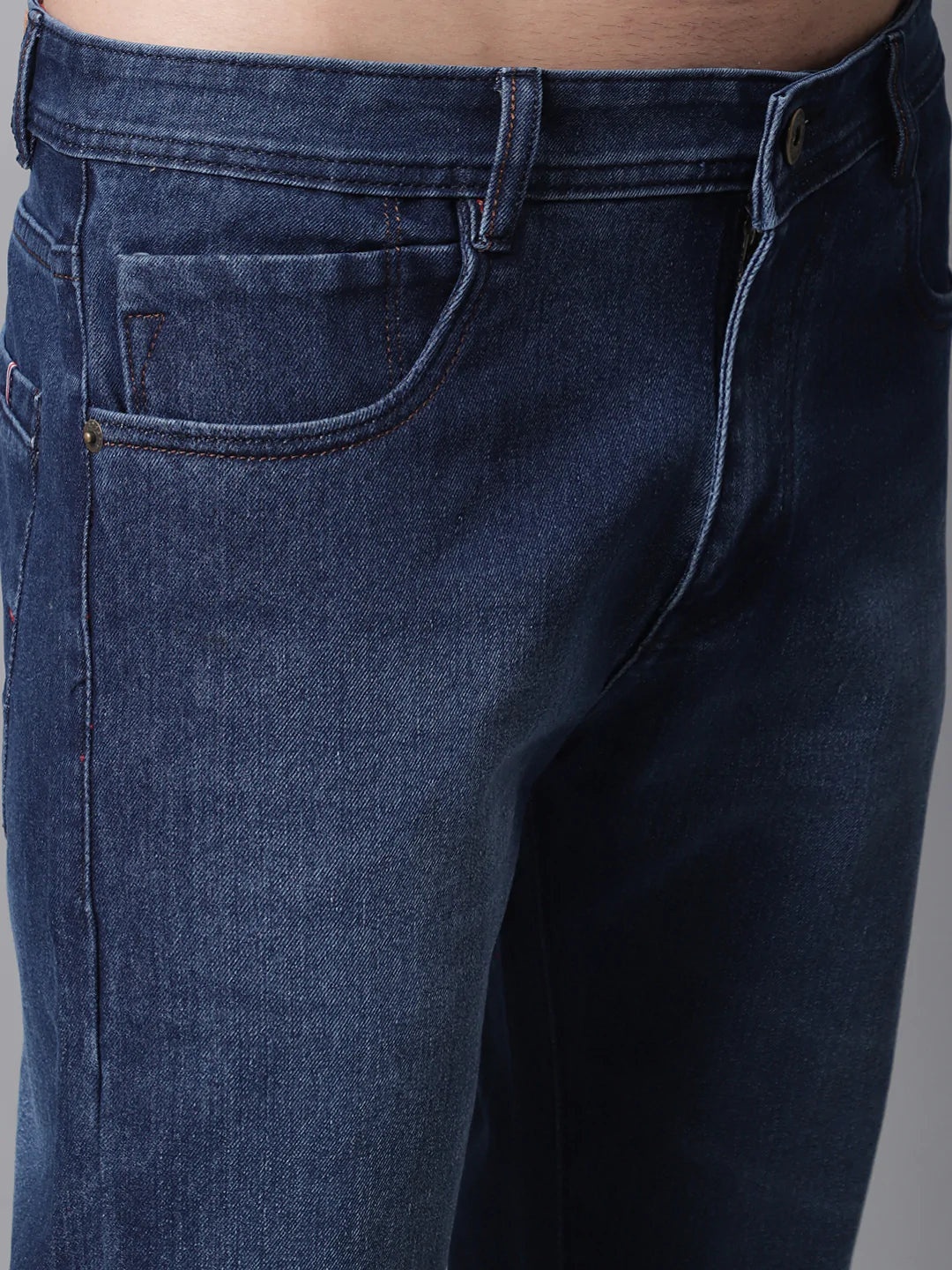 Men Blue Cotton Slim Fit Low Distress Light Fade Stretchable Jeans