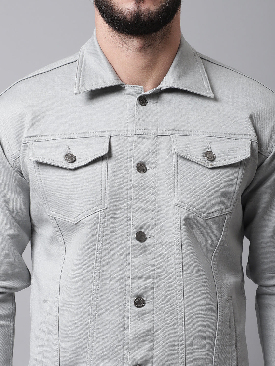 Men Grey Denim Cotton Jacket with Patchwork