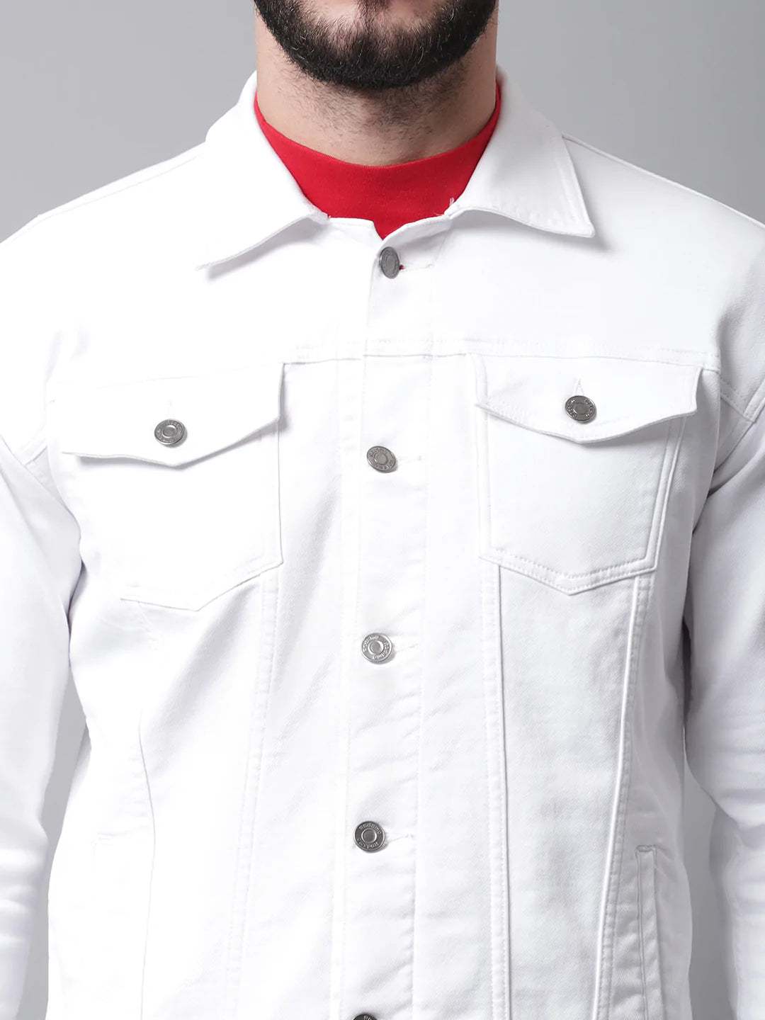 Men White Crop Denim Cotton Jacket with Patchwork